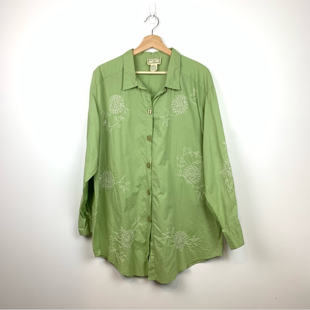 April Cornell Blouse Shirt Green Sequins Sz Medium Cotton Oversized Cottage